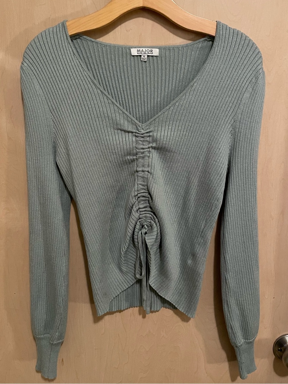 MAJOR Ribbed Ruched V-Neck Sweater in Sage